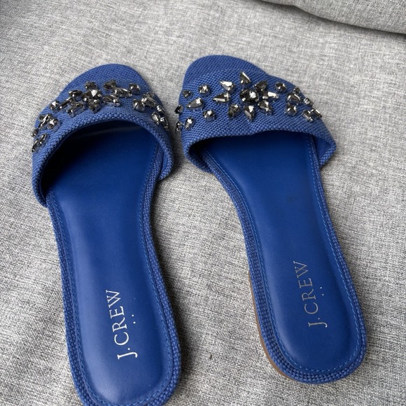 J. Crew Factory Sz 8 Jewel Slide Sandals Crystals‎  Blue Canvas - Picture 4 of 12
